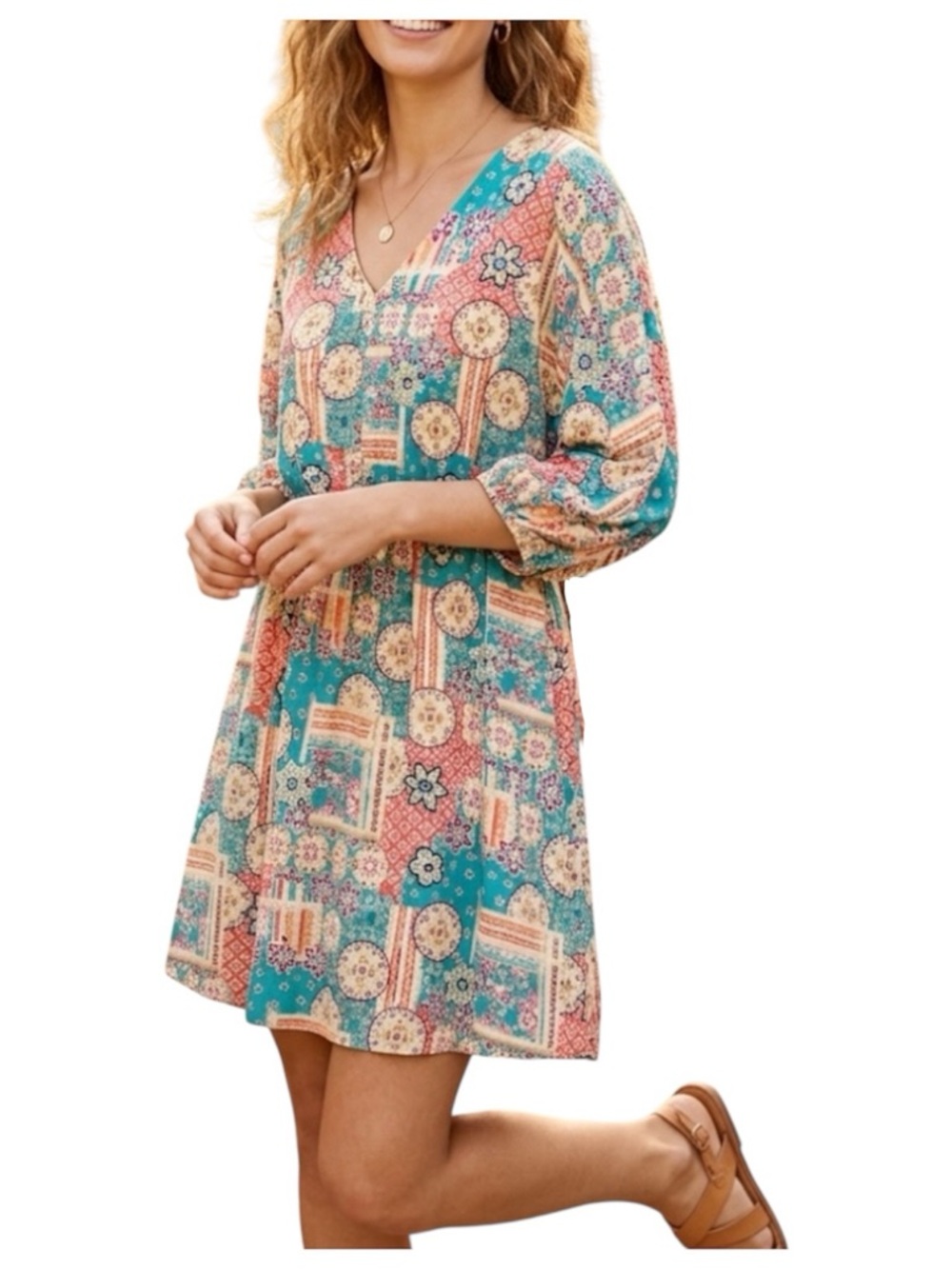 Savanna Jane Boho Patchwork V-Neck Mini Dress Teal Floral NWT Size Small